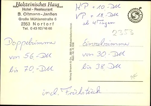 Ak Nortorf in Schleswig Holstein, Hotel, Restaurant Holsteinisches Haus, Inh. B. OItmann Janßen