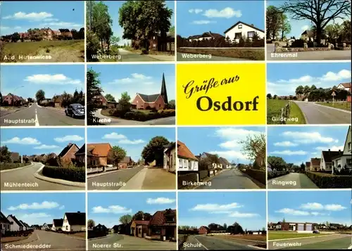 Ak Osdorf in Holstein, Hirtenwiese, Weberberg, Mühlenteich, Schule, Feuerwehr