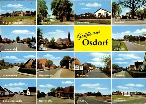 Ak Osdorf in Holstein, Hirtenwiese, Weberberg, Mühlenteich, Schule, Feuerwehr