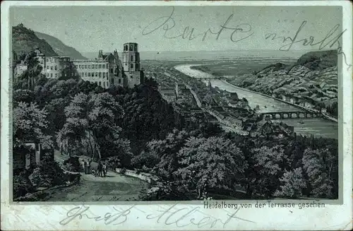 Mondschein Litho Heidelberg am Neckar, Ort von der Terrasse gesehen