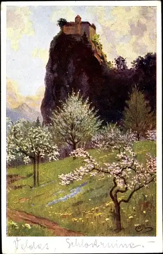 Künstler Ak Marcic, R., Bled Veldes Slowenien, Au Printemps, Blühende Bäume