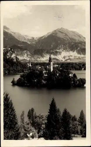 Ak Bled Veldes Slowenien, Blejski Otok, Blick auf die Insel, Kirchturm