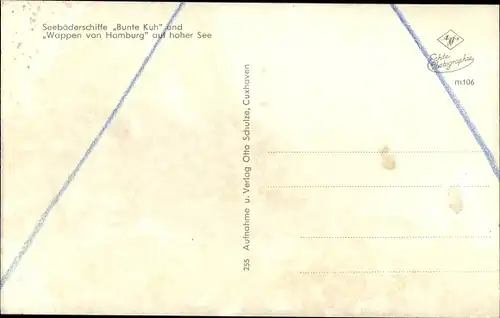 Ak Seebäderschiffe Bunte Kuh und Wappen von Hamburg auf hoher See, Fährschiffe, HADAG