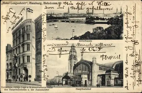 Ak Hamburg, Alsterbassin, Hauptbahnhof, Panorama, Hotel Lengenfeld, Holzdamm 53