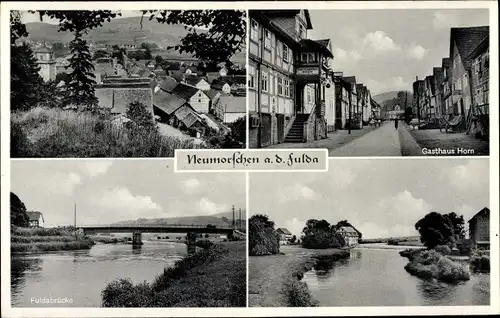 Ak Neumorschen Morschen Hessen, Panorama, Gasthaus Horn, Fuldabrücke