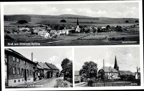 Ak Ellierode Hardegsen in Niedersachsen, Gesamtansicht, Geschäftshaus A. Schlemmer, Kirche