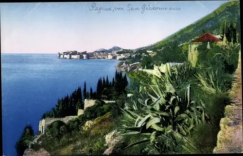 Ak Ragusa Dubrovnik Kroatien, Teilansicht der Stadt von San Giacomo aus, Grünanlagen, Häuser