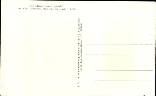 Ak Bad Orb in Hessen, Cafe Konditorei Sprudel, Inh. Willi Theilmann