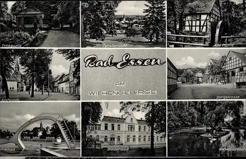 Ak Bad Essen in Niedersachsen, Freibad, Badehaus, Kirchplatz, Bergstraße, Alte Mühle