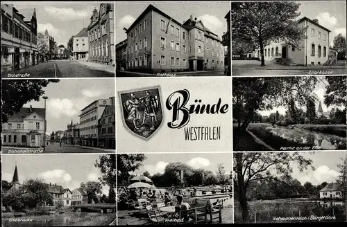 Ak Bünde in Westfalen, Rathaus, Sparkasse, Elsebrücke, Freibad, Bahnhofstraße, Wappen