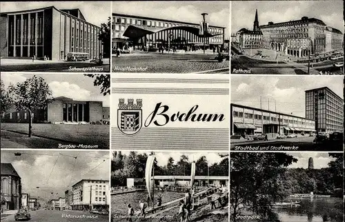 Ak Bochum im Ruhrgebiet, Schauspielhaus, Hauptbahnhof, Rathaus, Bergbau Museum, Wappen