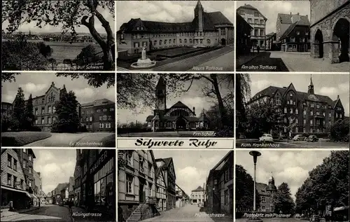 Ak Schwerte an der Ruhr, altes und neues Rathaus, Krankenhaus, Straßenansichten, Freischütz