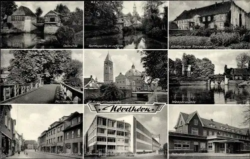 Ak Nordhorn in der Grafschaft Bentheim, St. Augustinuskirche, Wassermühle, Bahnhof, Klosterruine