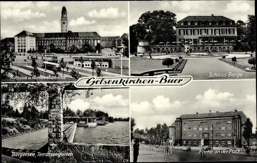 Ak Buer Gelsenkirchen im Ruhrgebiet, Rathaus, Autobusbahnhof, Post, Bergersee, Schloss Berge