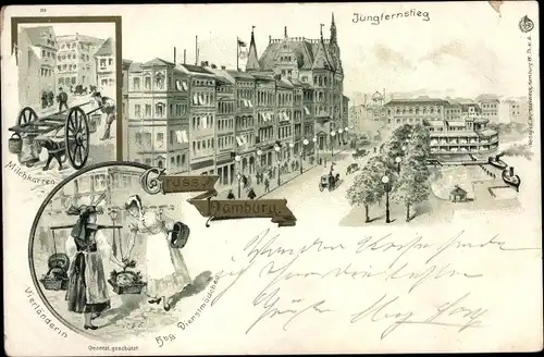 Litho Hamburg Mitte Altstadt, Milchkarren, Jungfernstieg, Vierländerin, Dienstmädchen