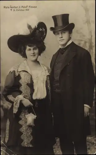 Ak Schauspieler Reta Walter und Adolf Hesse, Zylinder, Handtasche