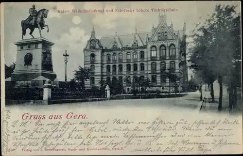 Mondschein Ak Gera in Thüringen, Kaiser-Wilhelm-Reiterdenkmal, Zabelsche höhere Töchterschule