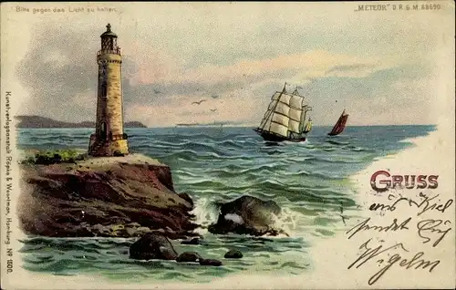 Haltgegendaslicht Litho Leuchtturm, Segelschiff, Meteor Nr 150