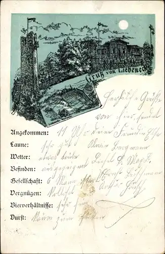 Mondschein Litho Dresden Cossebaude, Gastwirtschaft Liebeneck, Turm