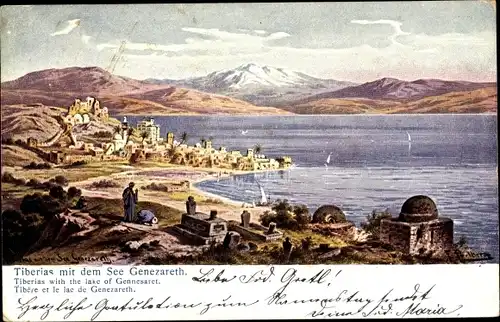 Künstler Ak Perlberg, F., Tiberias Israel, Panorama, See Genezareth