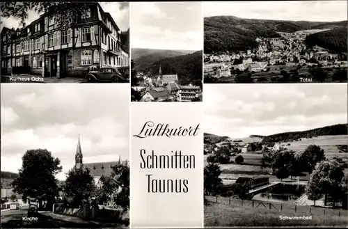 Ak Schmitten im Taunus Hessen, Panorama, Schwimmbad, Kurhaus Ochs, Kirche