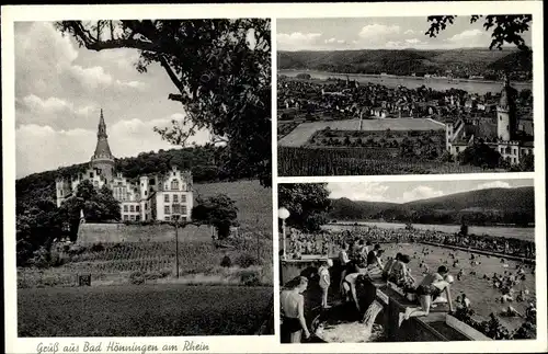 Ak Bad Hönningen am Rhein, Thermalschwimmbad, Panorama, Schloss