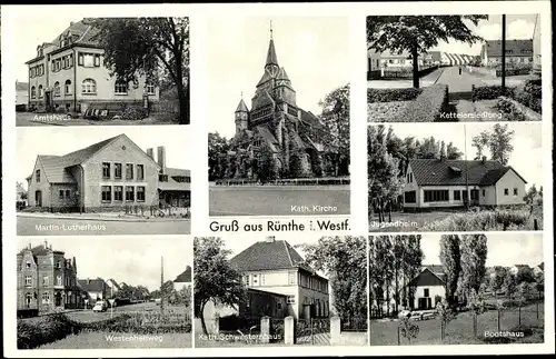 Ak Rünthe Bergkamen in Westfalen, Kath. Kirche, Bootshaus, Amtshaus, Martin Lutherhaus, Jugendheim