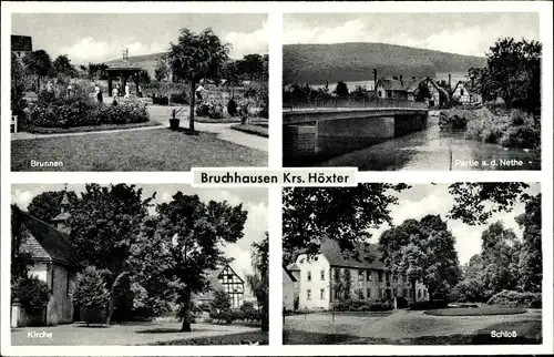 Ak Bruchhausen Höxter Nordrhein Westfalen, Brunnen, Nethepartie, Kirche, Schloss