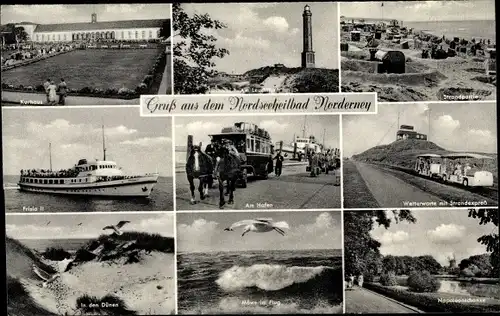 Ak Norderney in Ostfriesland, Hafen, Frisia II, Strandexpress, Wetterwarte, Leuchtturm, Kurhaus