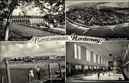 Ak Norderney in Ostfriesland, Kurhaus, Wellenbad, Fliegeraufnahme, Weststrand