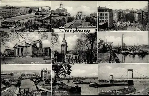 Ak Duisburg im Ruhrgebiet, Hauptbahnhof, König Heinrich Platz, Rheinbrücke, Rathaus, Hafen