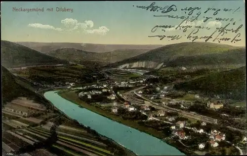 Ak Neckargemünd am Neckar, Fliegeraufnahme, Ort mit Dilsberg