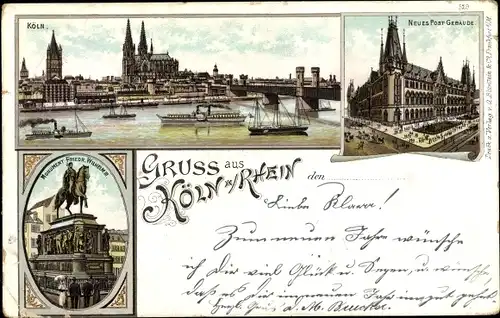 Litho Köln am Rhein, Neues Postgebäude, Friedrich Wilhelm III Denkmal