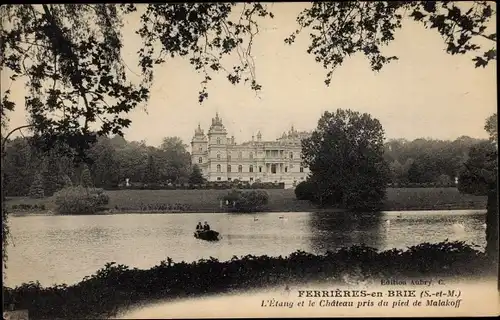 Ak Ferrieres en Brie Seine et Marne, L'Etang et le Chateau pris du pied de Malakoff