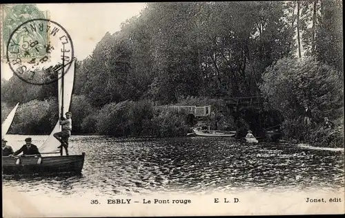 Ak Esbly Seine et Marne, Le Pont rouge, Segelboot, Ruderboote, Angler