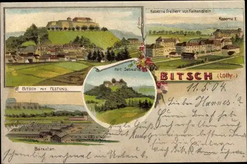 Litho Bitche Bitsch Lothringen Moselle, Kaserne Freiherr von Falkenstein, Festung, Baracken