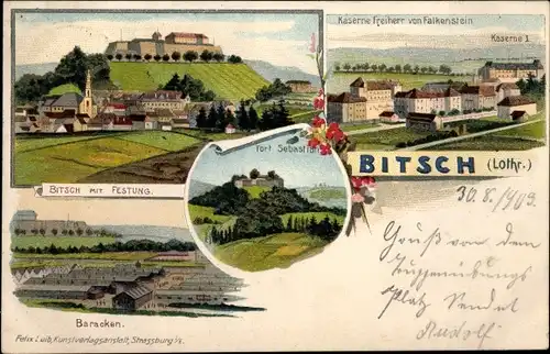 Litho Bitche Bitsch Lothringen Moselle, Festung, Kaserne Freiherr von Falkenstein, Fort Sebastian