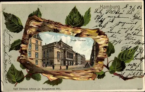 Präge Birkenholz Litho Hamburg Mitte Altstadt, Stadttheater, Straßenansicht