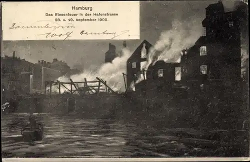 Ak Hamburg Mitte Altstadt, Riesenfeuer in der Hafenstraße September 1900