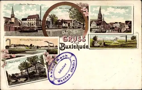 Litho Buxtehude im Kreis Stade, Marachtor, Mühlenstrom, Mencks Fährhaus, Wintersche Papierfabrik