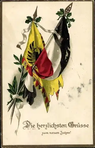 Ak Glückwunsch Neujahr, Fahnen, Lorbeer, Patriotik