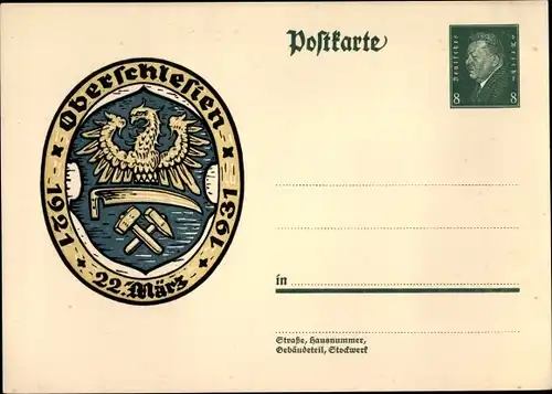 Ganzsachen Ak Oberschlesien, 22 März, 1921 bis 1931, Wappen, 8 Pfennig
