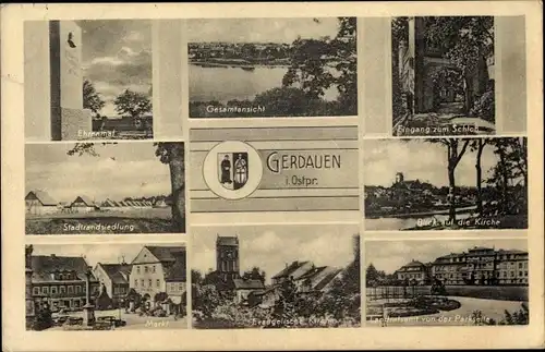 Ak Schelesnodoroschny Gerdauen Ostpreußen, Kirche, Landratsamt, Schloss, Ehrenmal, Siedlung, Markt