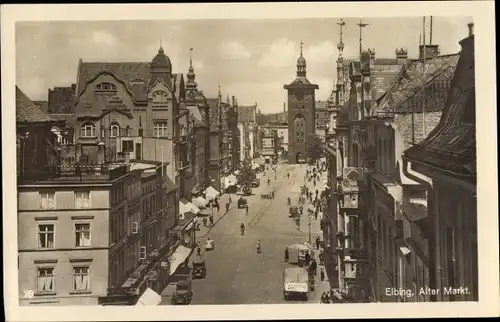 Ak Elbląg Elbing Westpreußen, Alter Markt, Uhrenturm mit Tor, Geschäfte