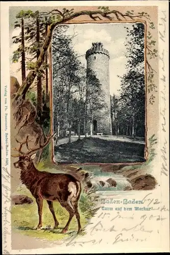 Passepartout Ak Baden Baden am Schwarzwald, Turm auf dem Merkur, Hirsch