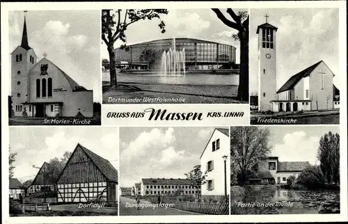 Ak Massen Unna im Ruhrgebiet, Friedenskirche, St. Marienkirche, Dortmunder Westfalenhalle, Lager