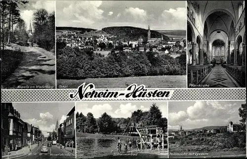 Ak Neheim Hüsten Arnsberg im Sauerland, Total, Pfarrkirche, Lyzeum, Schwimmbad