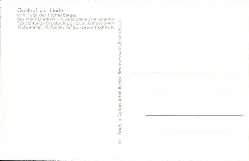 Ak Lichtenberg Salzgitter Niedersachsen, Gasthof zur Linde, Aussichtsturm, Inh. Hans Lindhorst