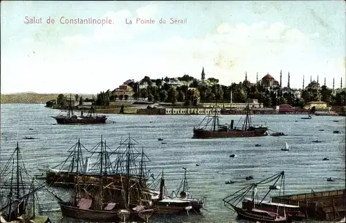 Ak Konstantinopel Istanbul Türkei, La Pointe du Serail, Hafenpartie, Segelschiffe, Dampfer