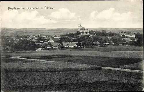 Ak Starkoč u Čáslavi Starkotsch Mittelböhmen, Blick auf den Ort, Kirche